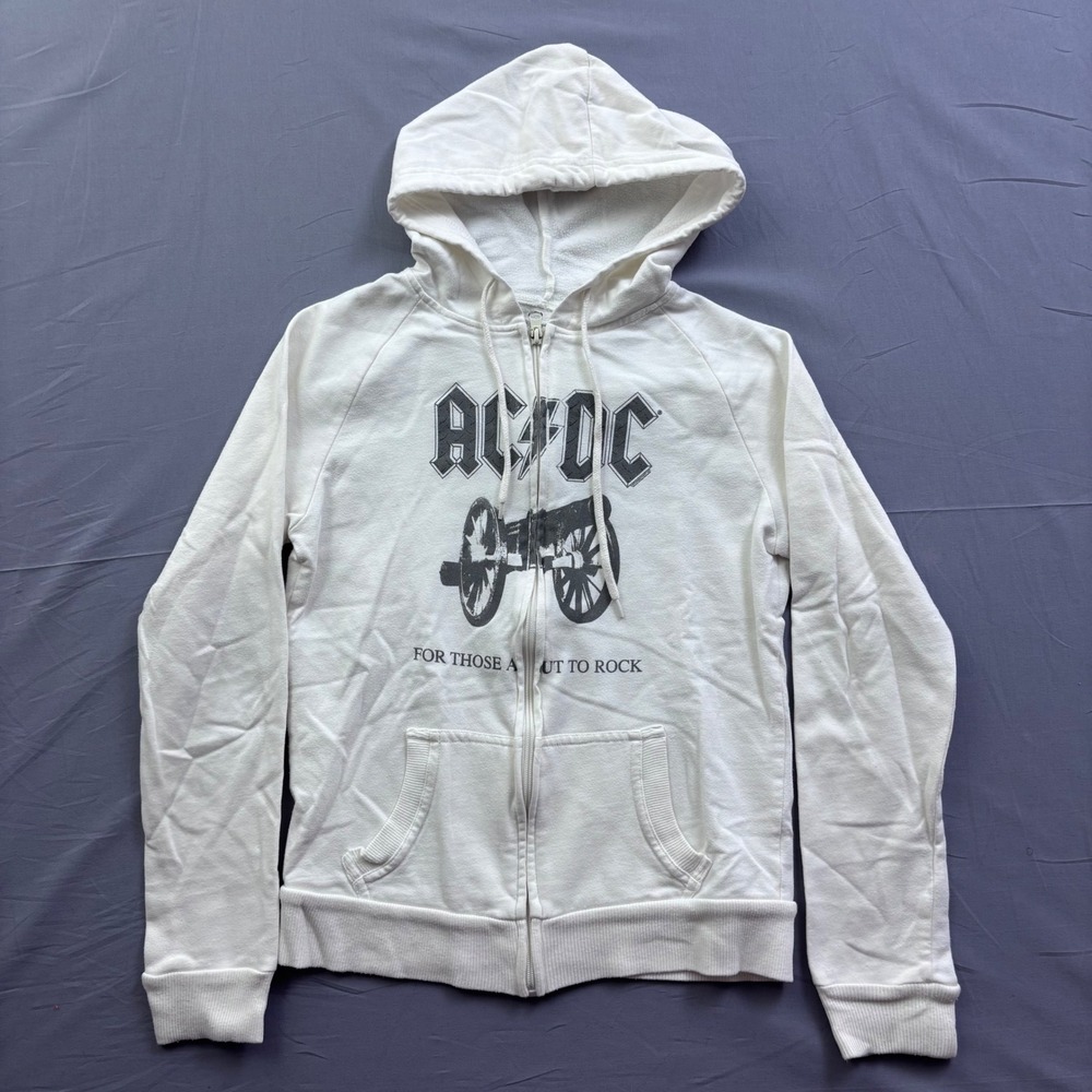 AC/DC‎ For Those About To Rock Cannon Zip Up Hoodie White Mens Size S Rock Band